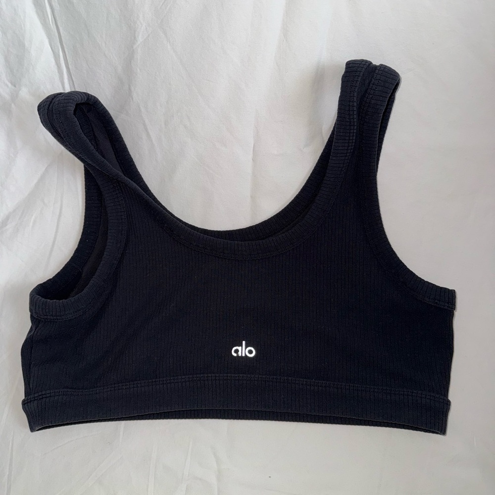 Alo Yoga Wellness Ribbed Black Sports Bra with Logo